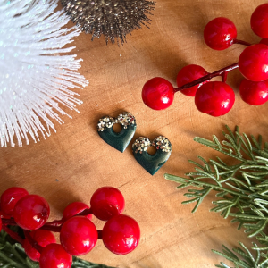 Pampilles petits cœurs  - Vert et paillettes dorées