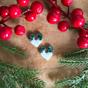 Pampilles petits cœurs  - Blanc et paillettes vertes/dorées