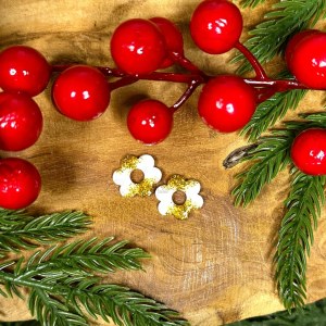 Pampilles mini fleurs 6 pétales - Blanc et paillettes dorées