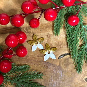 Pampilles grandes fleurs de tiaré - Blanc et paillettes dorées