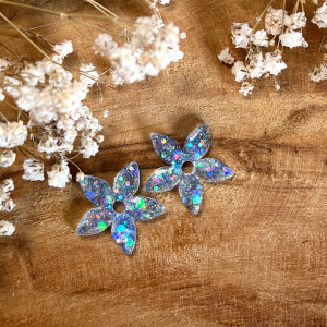 Pampilles grandes fleurs de tiaré - Paillettes holographiques bleu foncé