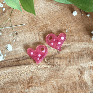 Pampilles cœurs tendre 20mm - Fuchsia et pois blanc