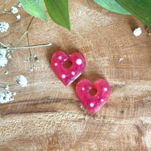Pampilles cœurs 20mm - Fuchsia et pois blanc