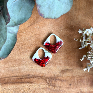 Pampilles losanges 20mm - Blanc et paillettes rouges